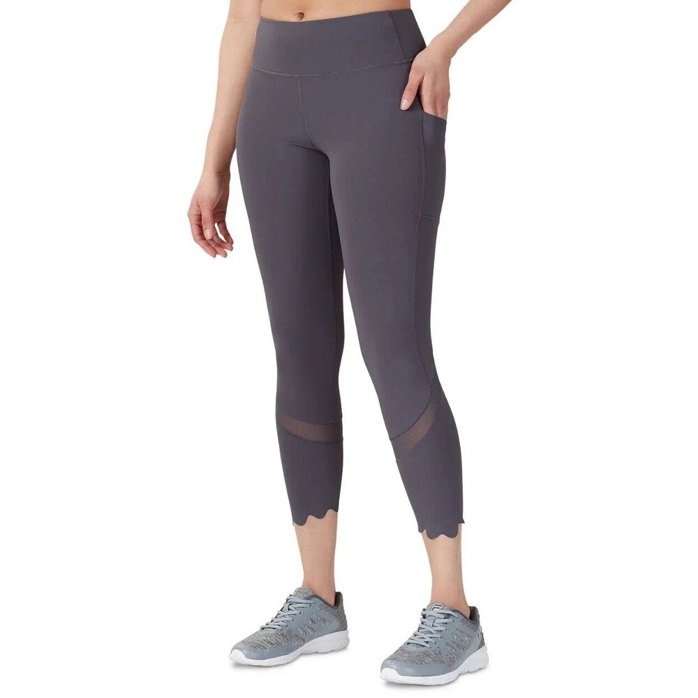 Fila L45747 Women Cropped High Waist Mesh Scallop Hem Gym Pocket Tight Gray Sz M